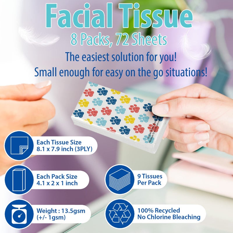 Funwares Travel Tissue Packs â€“ 8 Compact 3-Ply Packs (72 Total), Soft Chlorine-Free Facial Tissues for Purse, Car, or School, Gentle & Durable, Non-Bleach, Playful Dog Design - Image 2